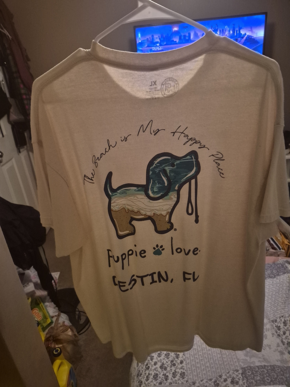 Puppie Love Cream Short-Sleeve Tee with Teal Dog Graphic - Picture 2 of 4